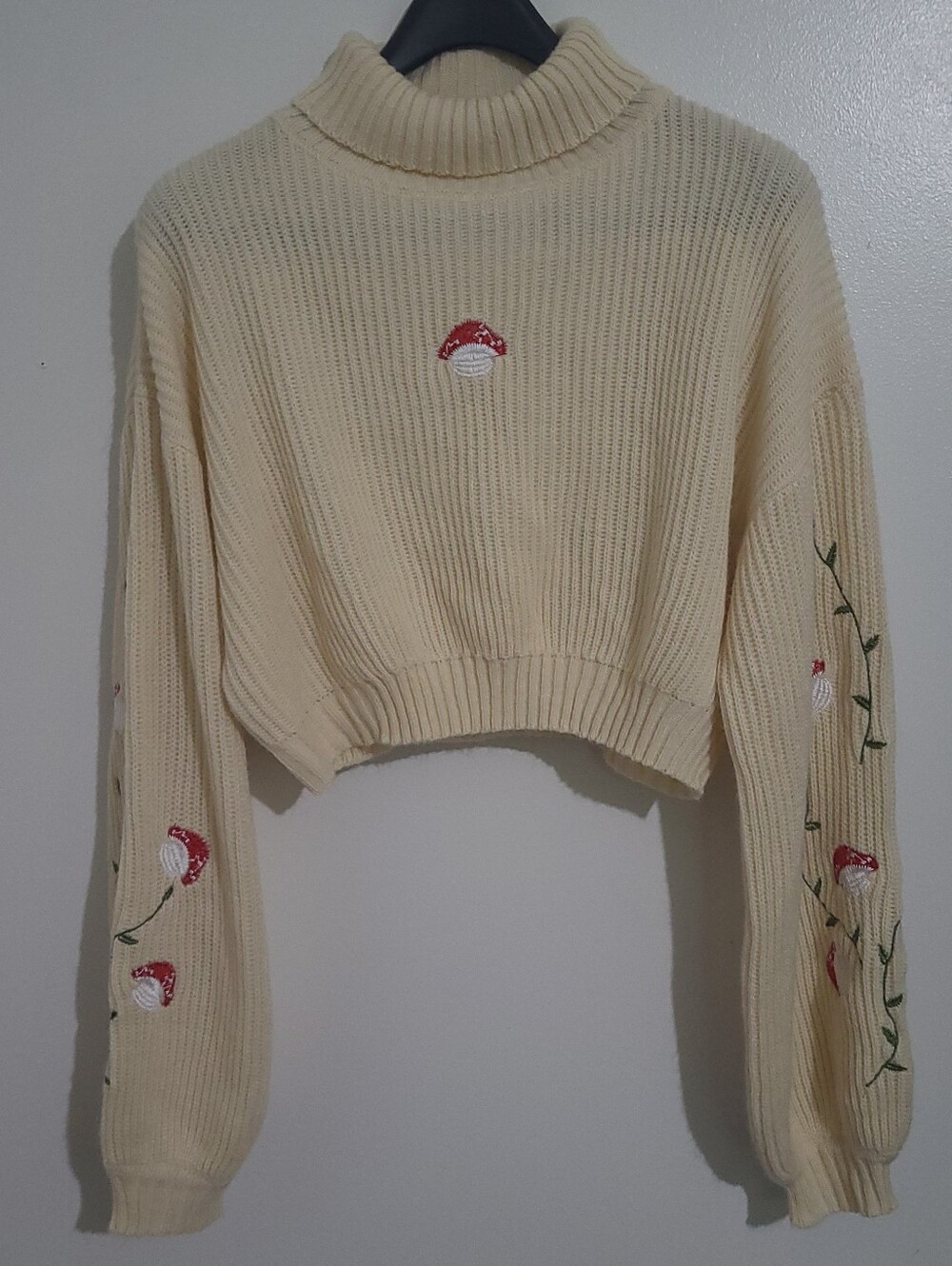 ROMWE Fairycore Embroidered Mushroom Knit Turtleneck Cropped Sweater Size L
